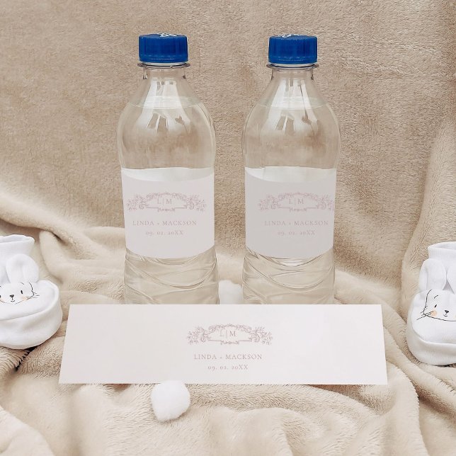 Elegant Rose botanical crest monogram wedding Water Bottle Label (Creator Uploaded)