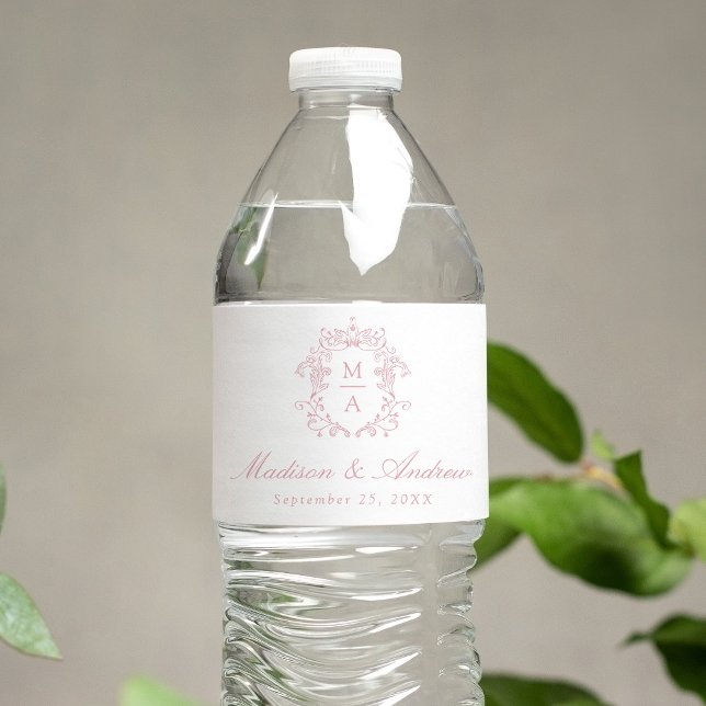 Elegant Rose Chinoiserie Crest Monogram Wedding Water Bottle Label (Creator Uploaded)