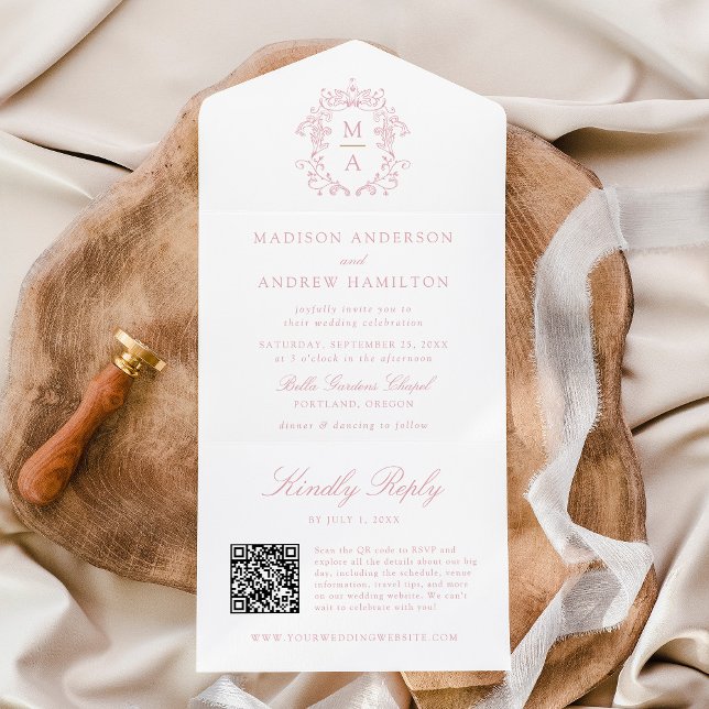 Elegant Rose Crest Chinoiserie Monogram Wedding All In One Invitation (Creator Uploaded)