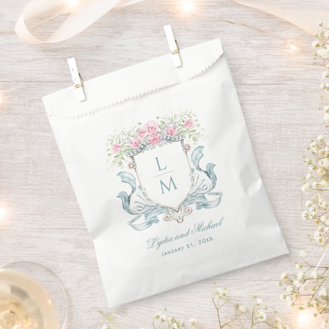 Elegant Rose Crest w/ Bow | Monogram Wedding Favour Bag (Clipped)