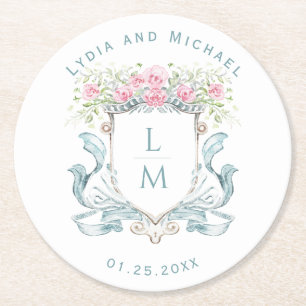 Elegant Rose Crest w/ Bow Monogram Wedding Round Paper Coaster