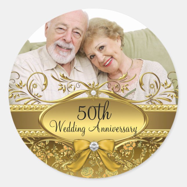 Élégant Rose d'or Photo 50e Anniversaire Sticker (Devant)