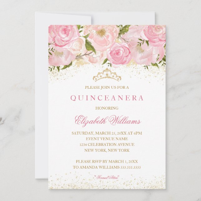 Elégant Rose d'or rose Quinceanera Invitation (Devant)
