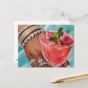 Elegant Rose Drink and Jewels Mixed Media Collage Postcard