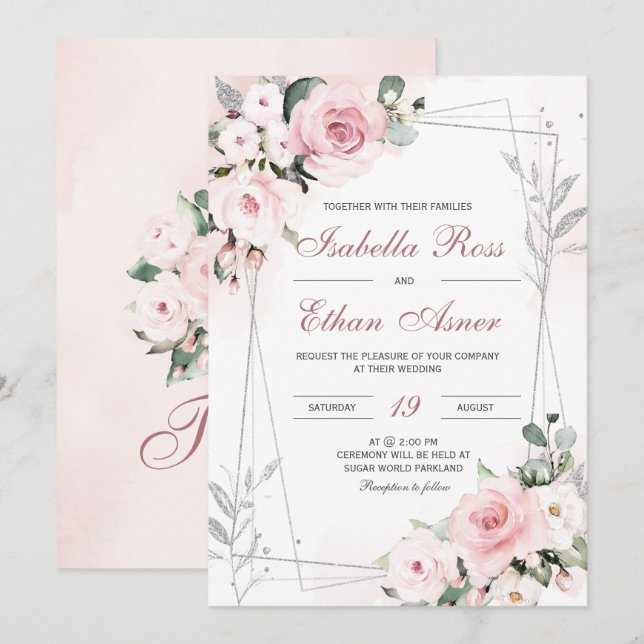 Élégant Rose Dusty et invitation de mariage gris (Devant / Derrière)
