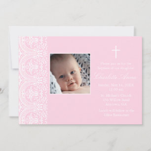 Élégant rose et blanc Damas Baptême Invitation
