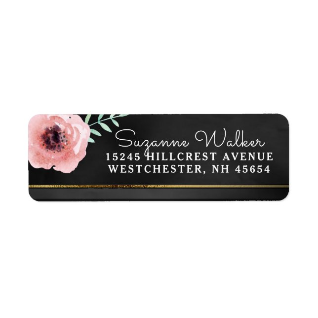 Élégant rose et florale noire avec adresse or (Devant)