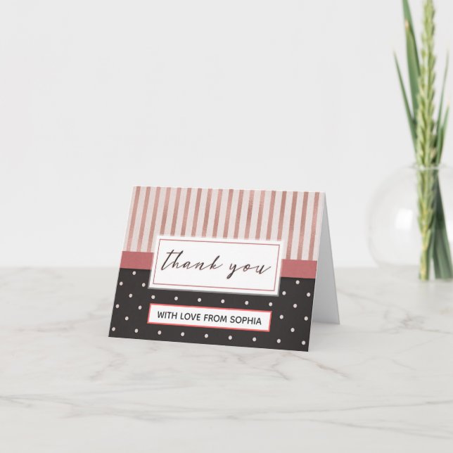 Élégant Rose et Noir Rayures Points Merci (Devant)