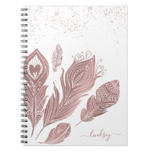 Elegant Rose Faux Glitter Feather Personalized Notebook
