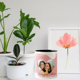 Élégant rose Fleur Coeur Forme Photo Mug