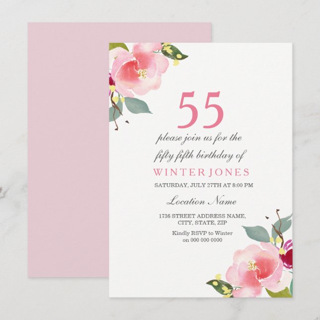 Elégant rose floral 55e anniversaire Invitation de (Devant / Derrière)
