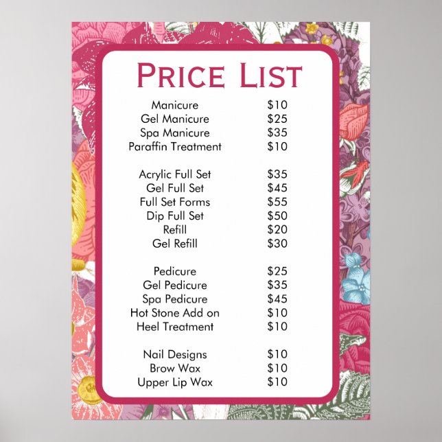 Elégant rose Floral Beauté Salon Menu Poster (Devant)