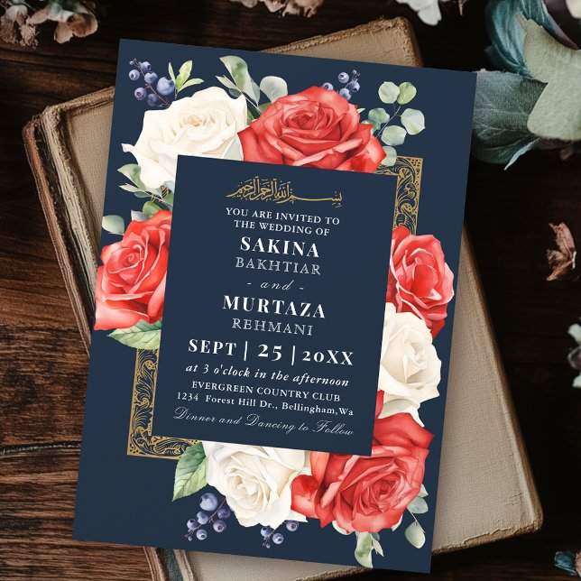 Elegant Rose Floral Blue Muslim Wedding Invitation (Creator Uploaded)