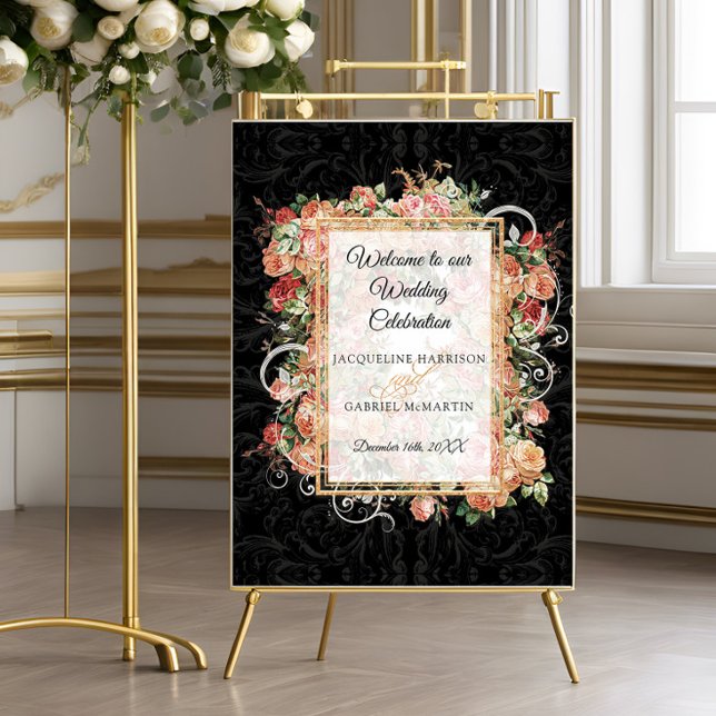 Elegant Rose Floral Blush Black Welcome Wedding Poster (Creator Uploaded)