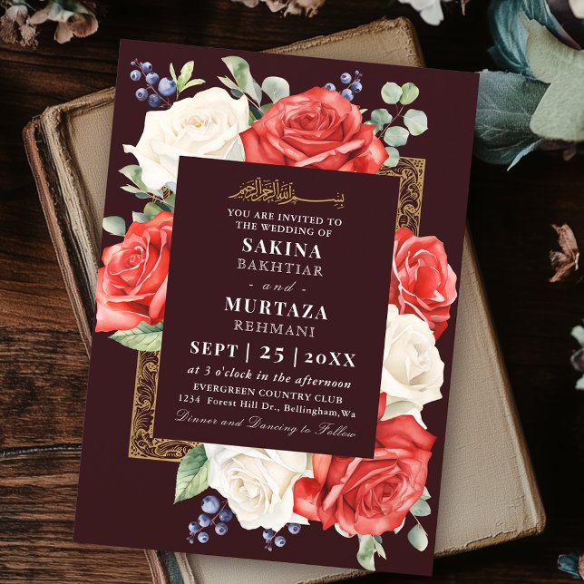 Elegant Rose Floral Burgundy Muslim Wedding  Invitation (Creator Uploaded)