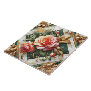 Elegant Rose Floral Design With Gold Accents Tile