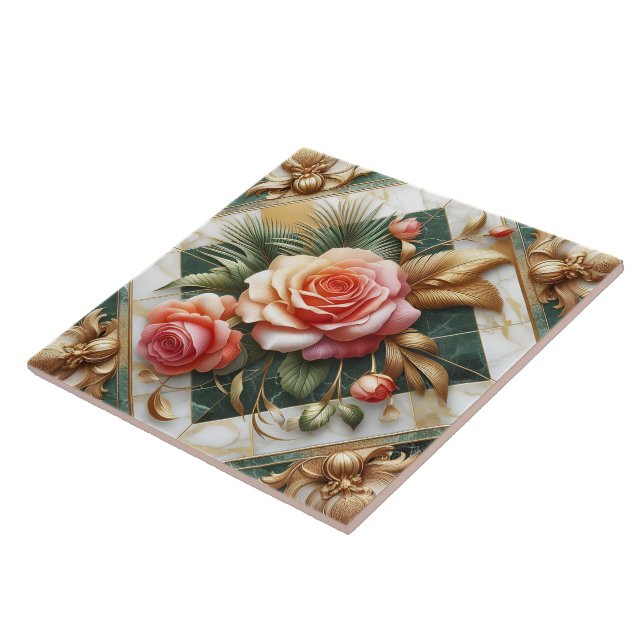 Elegant Rose Floral Design With Gold Accents Tile (Side)