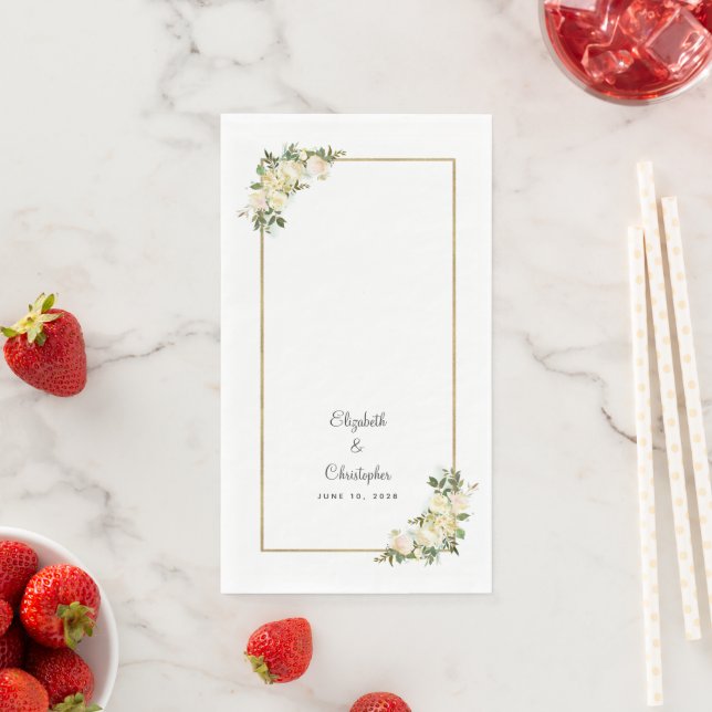 Elegant Rose Floral Gold Metallic Wedding White Napkin (Insitu)
