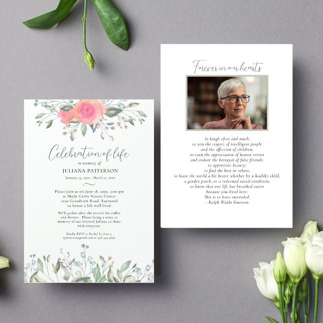 Elegant Rose Floral Photo Celebration of Life  Invitation (Creator Uploaded)