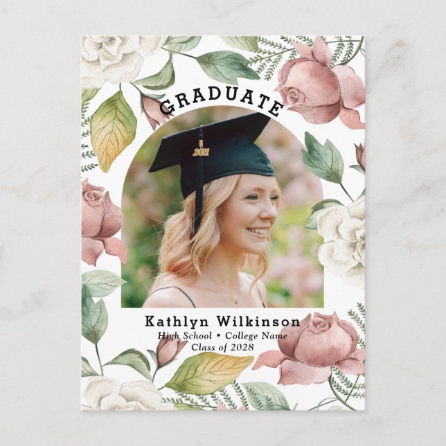 Elegant Rose Floral Photo Graduation Announcement Postcard (Front)