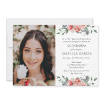 Elégant rose floral photo Quinceañera Invitation