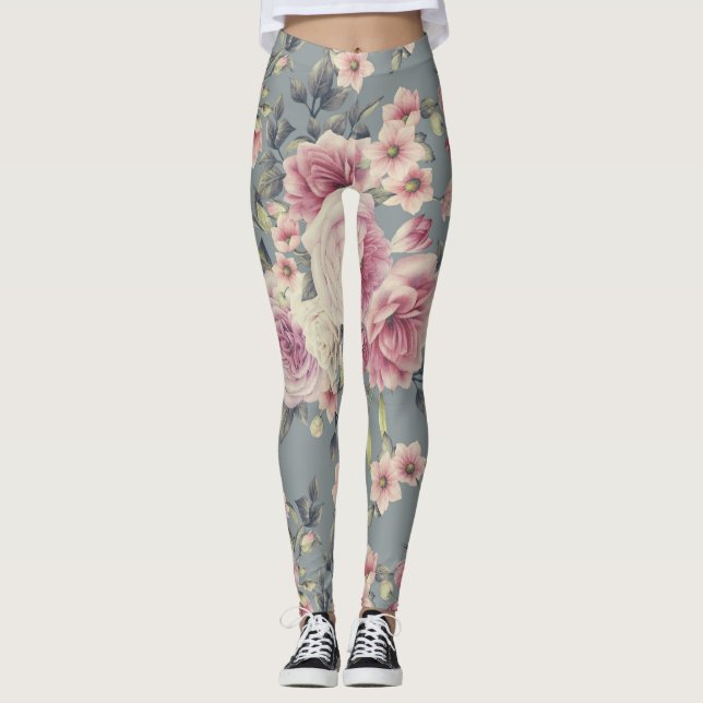 Elegant Rose Floral Print Leggings (Front)