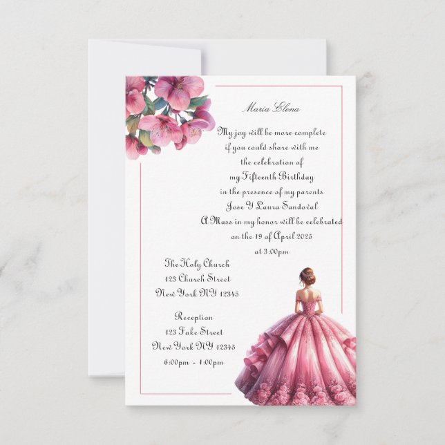Elégant rose Floral Quinceañera Invitation (Devant)