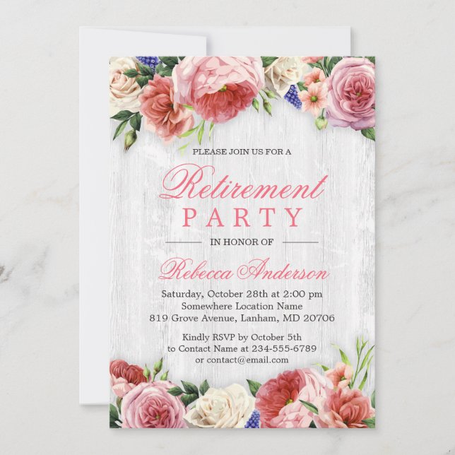 Elegant Rose Floral Rustic Wood Retirement Party Invitation (Front)