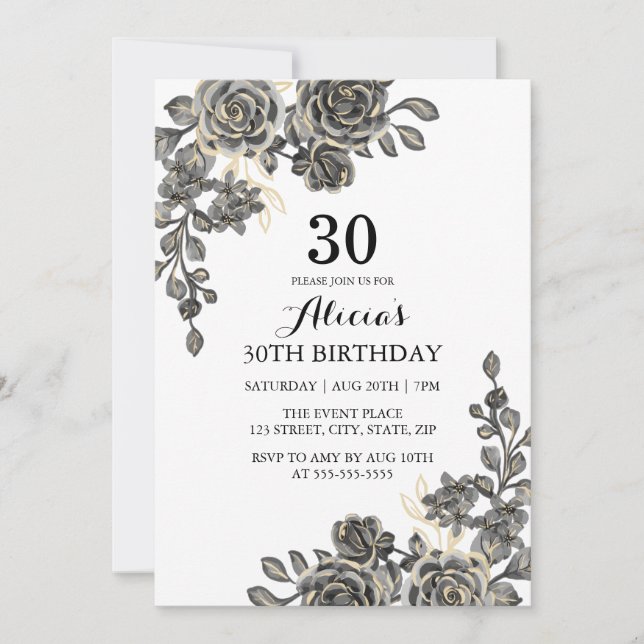 Elegant Rose Flower Black & Gold Birthday  Invitation (Front)