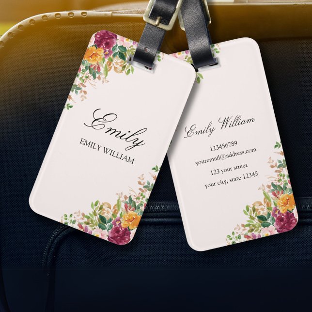 Elegant Rose Flowers Floral Botanical Luggage Tag (In situ)