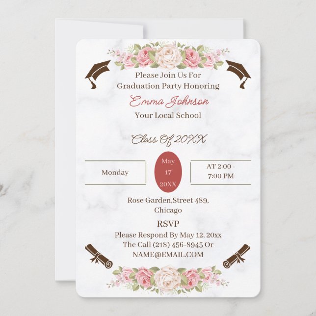 Elegant Rose Flowers Personalized Graduation Invitation (Front)