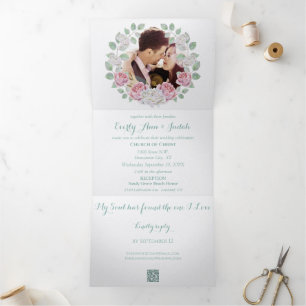 Elegant Rose Garden Floral Wreath Wedding Tri-Fold Invitation