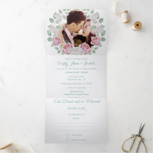Elegant Rose Garden Floral Wreath Wedding Tri-Fold Invitation