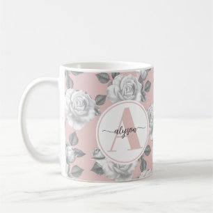 Elegant Rose Garden in Pink Monogram Mug
