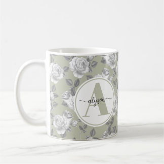 Elegant Rose Garden in Sage Green Monogram Mug