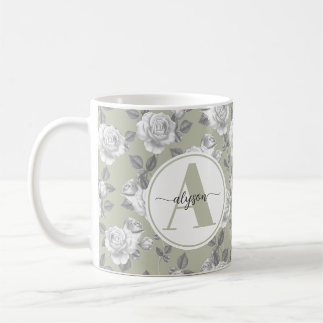 Elegant Rose Garden in Sage Green Monogram Mug (Left)