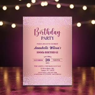 Elegant Rose Glitter Metallic Pink 100th Birthday  Invitation