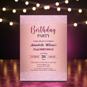 Elegant Rose Glitter Metallic Pink 32nd Birthday  Invitation