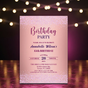 Elegant Rose Glitter Metallic Pink 45th Birthday  Invitation