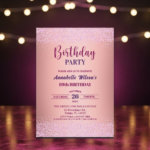 Elegant Rose Glitter Metallic Pink 89th Birthday  Invitation