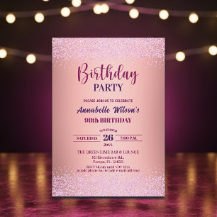 Elegant Rose Glitter Metallic Pink 98th Birthday  Invitation