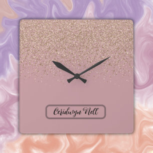 Elegant Rose Glitter Monogram Name   Square Wall Clock