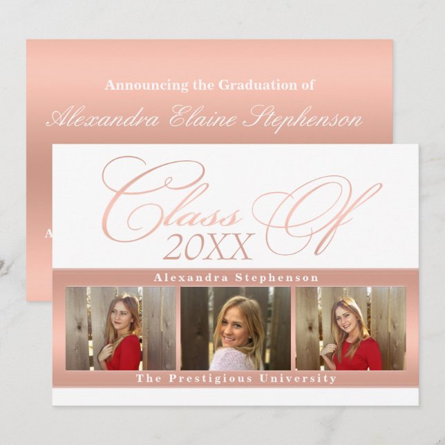 Elégant Rose Gold 3 Photo Graduation Faire-part (Devant / Derrière)