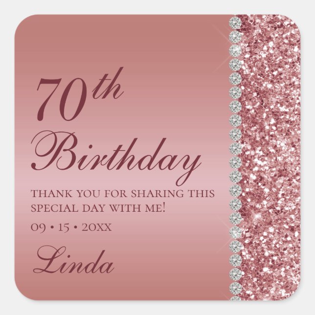 Elegant Rose Gold 70th Birthday Thank You Square Sticker (Front)