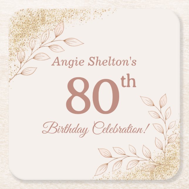 Elegant Rose Gold 80th Birthday Celebration  Square Paper Coaster (Front)
