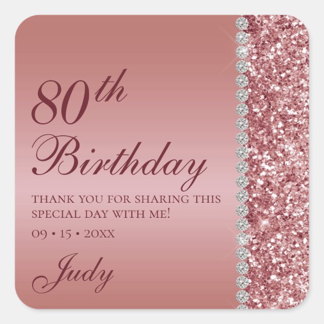 Elegant Rose Gold 80th Birthday Thank You Square Sticker (Front)