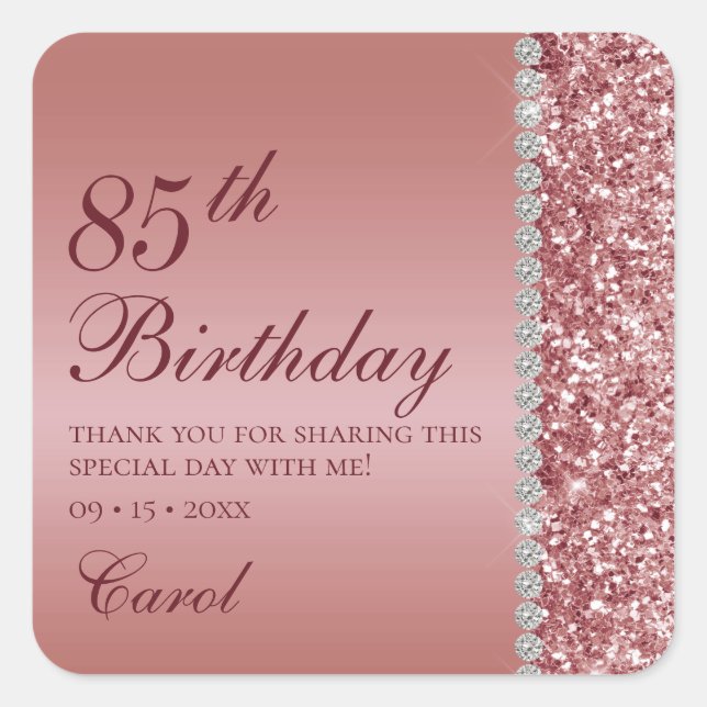 Elegant Rose Gold 85th Birthday Thank You Square Sticker (Front)