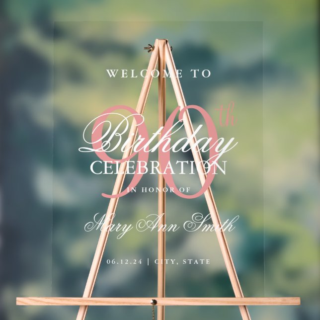 Elegant Rose Gold 90th Birthday Party Welcome  Acrylic Sign (Neutral)