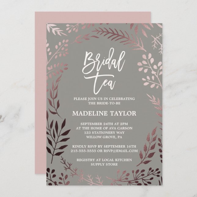 Elegant Rose Gold and Grey Bridal Tea Party Invitation (Front/Back)