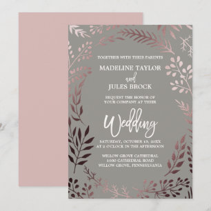 Elegant Rose Gold and Grey   Leafy Frame Wedding Invitation